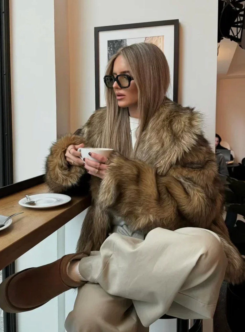 Amelia | Women's Brown Faux Fur Long-Sleeve Winter Coat