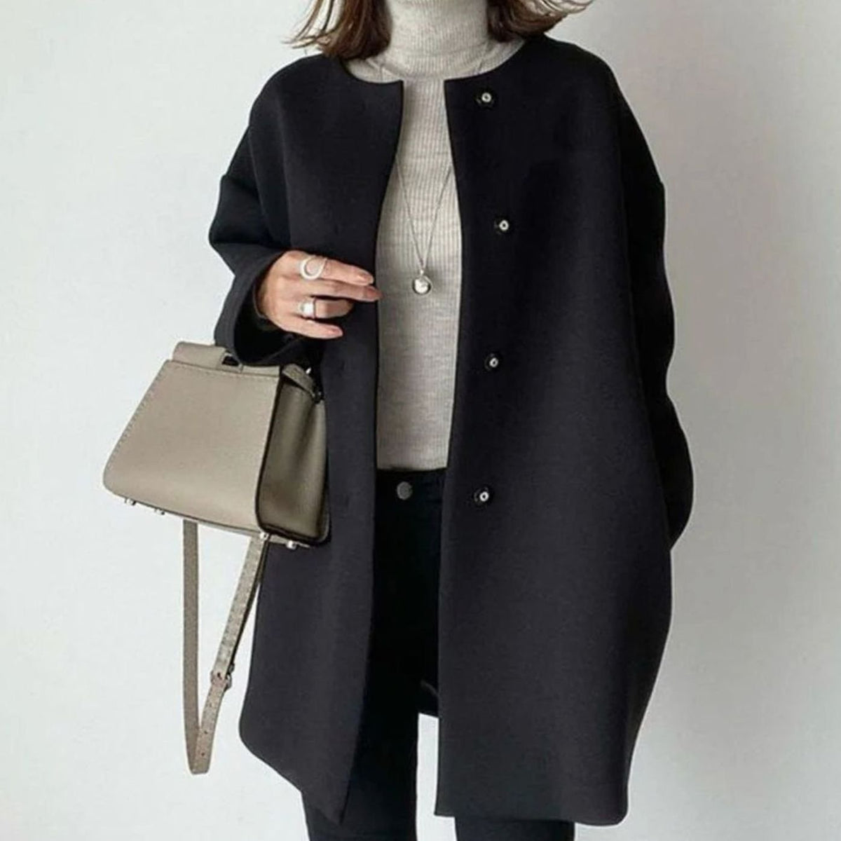 Evelyn | Women's Chic Winter Coat Collarless Snap-Button Longline Jacket