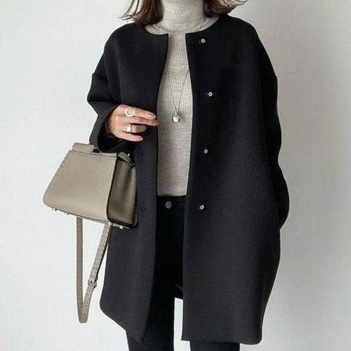 Evelyn | Women's Chic Winter Coat Collarless Snap-Button Longline Jacket