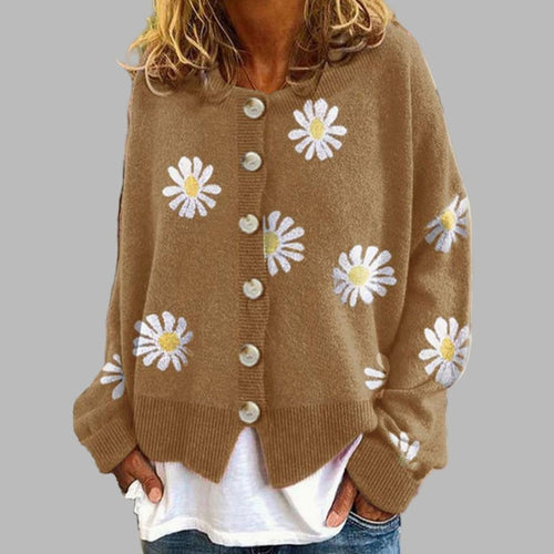 Layla | Women's Daisy Embroidered Button-Front Knit Cardigan