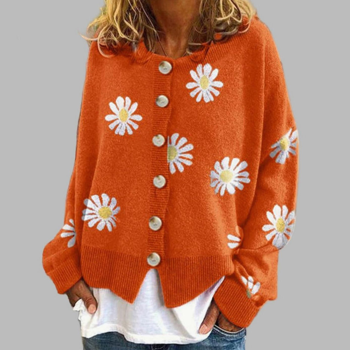 Layla | Women's Daisy Embroidered Button-Front Knit Cardigan