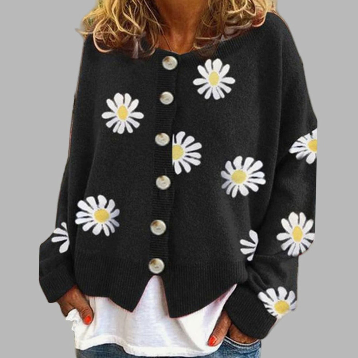 Layla | Women's Daisy Embroidered Button-Front Knit Cardigan