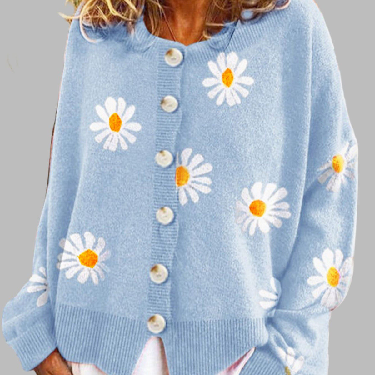 Layla | Women's Daisy Embroidered Button-Front Knit Cardigan