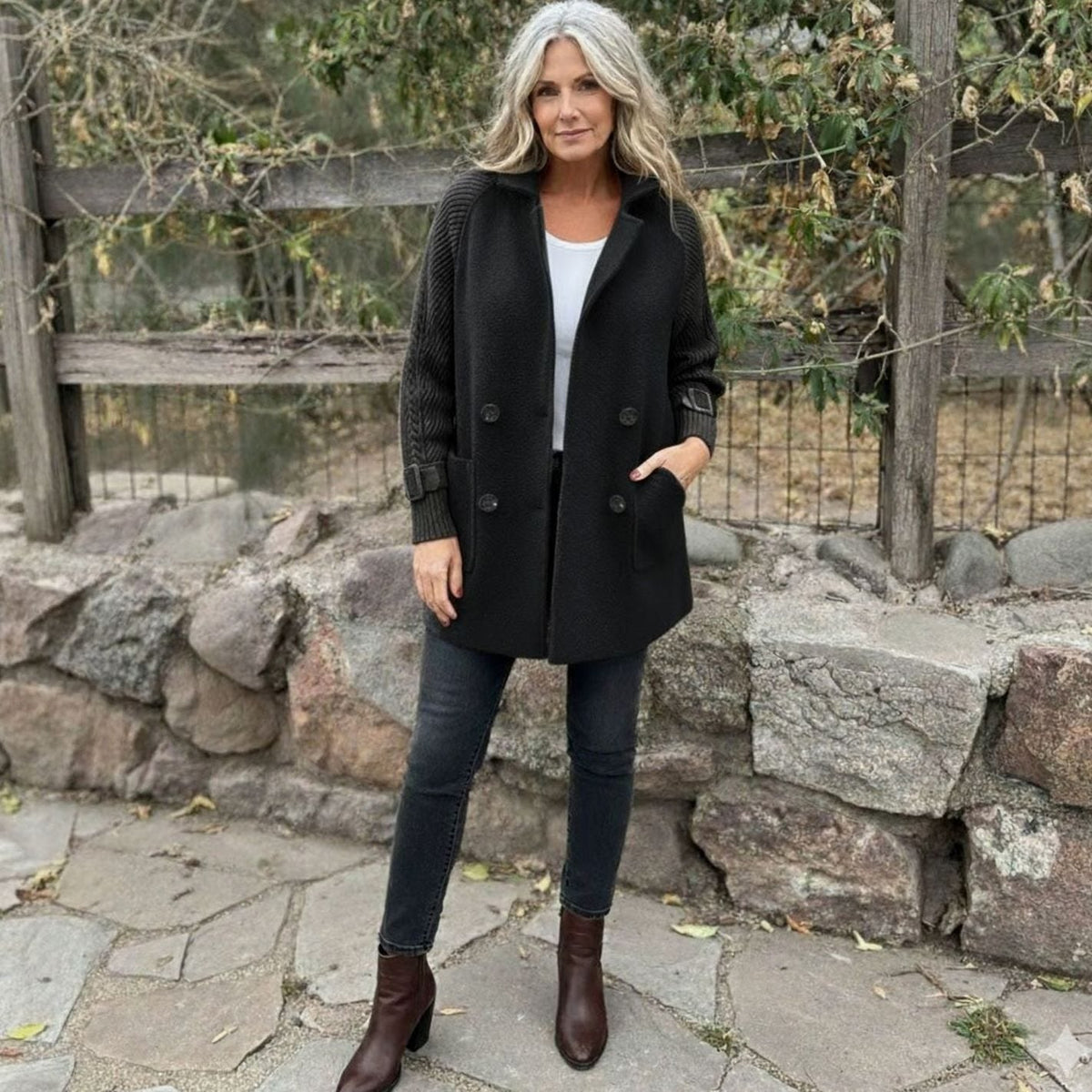Eleanor | Women's Double-Breasted Knit-Sleeve Winter Coat