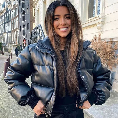 Mia | Women's Faux Leather Quilted Puffer Jacket Hooded Winter Coat