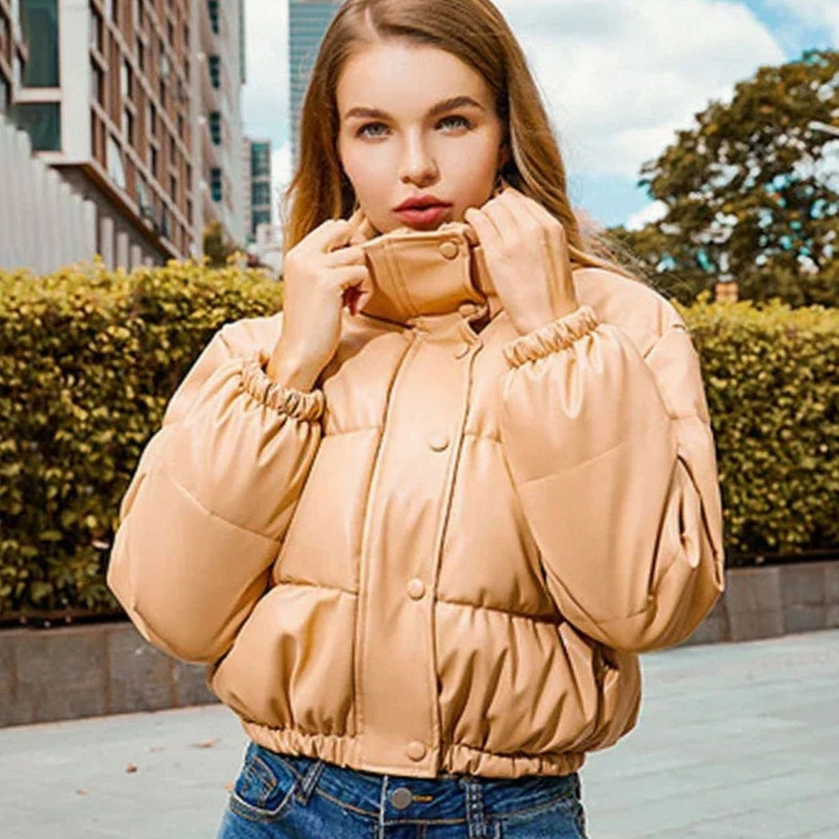 Mia | Women's Faux Leather Quilted Puffer Jacket Hooded Winter Coat