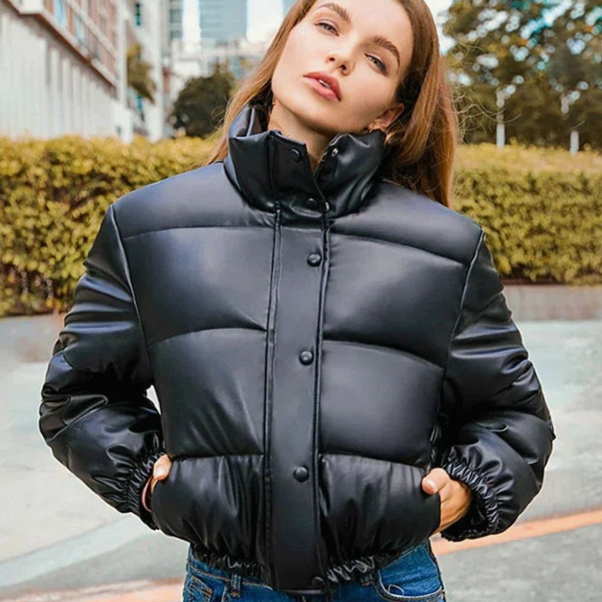 Mia | Women's Faux Leather Quilted Puffer Jacket Hooded Winter Coat