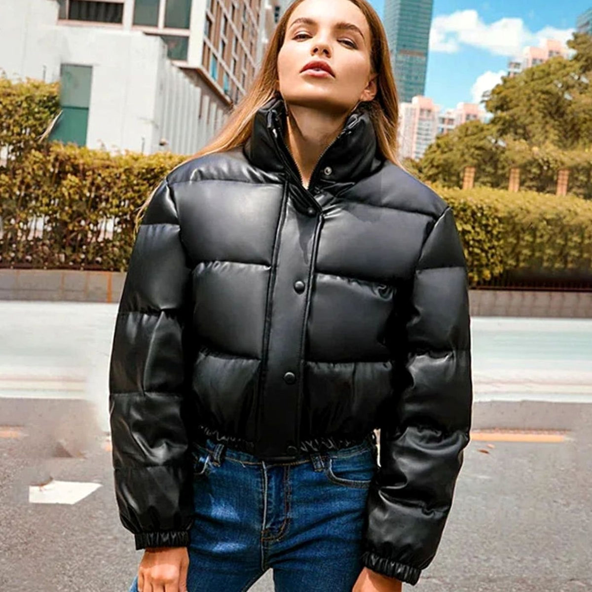 Mia | Women's Faux Leather Quilted Puffer Jacket Hooded Winter Coat