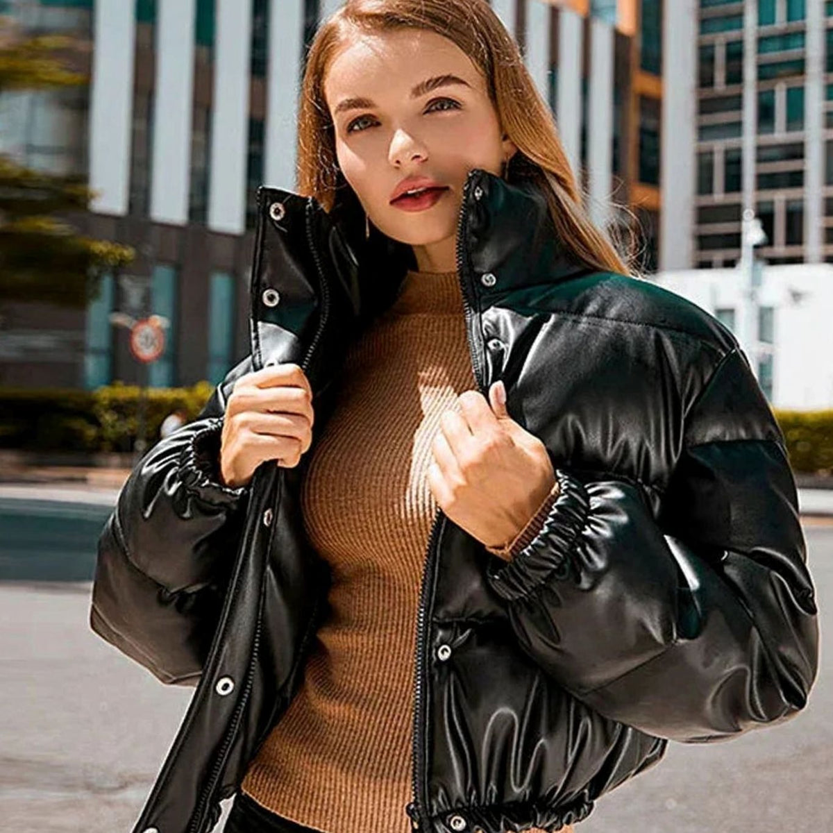 Mia | Women's Faux Leather Quilted Puffer Jacket Hooded Winter Coat