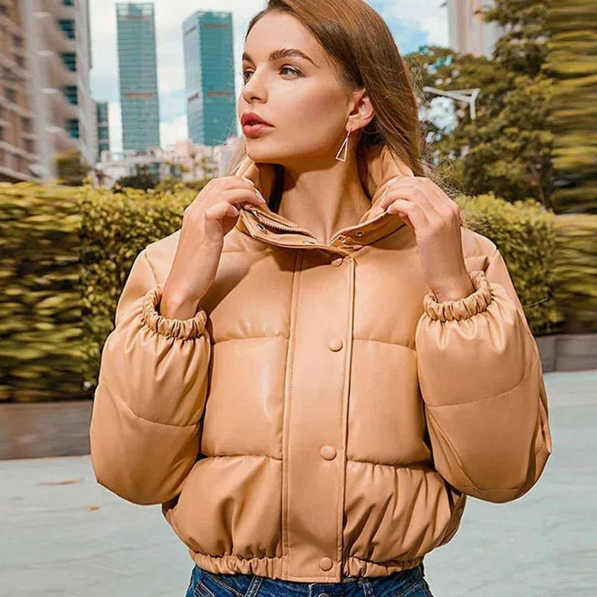 Mia | Women's Faux Leather Quilted Puffer Jacket Hooded Winter Coat