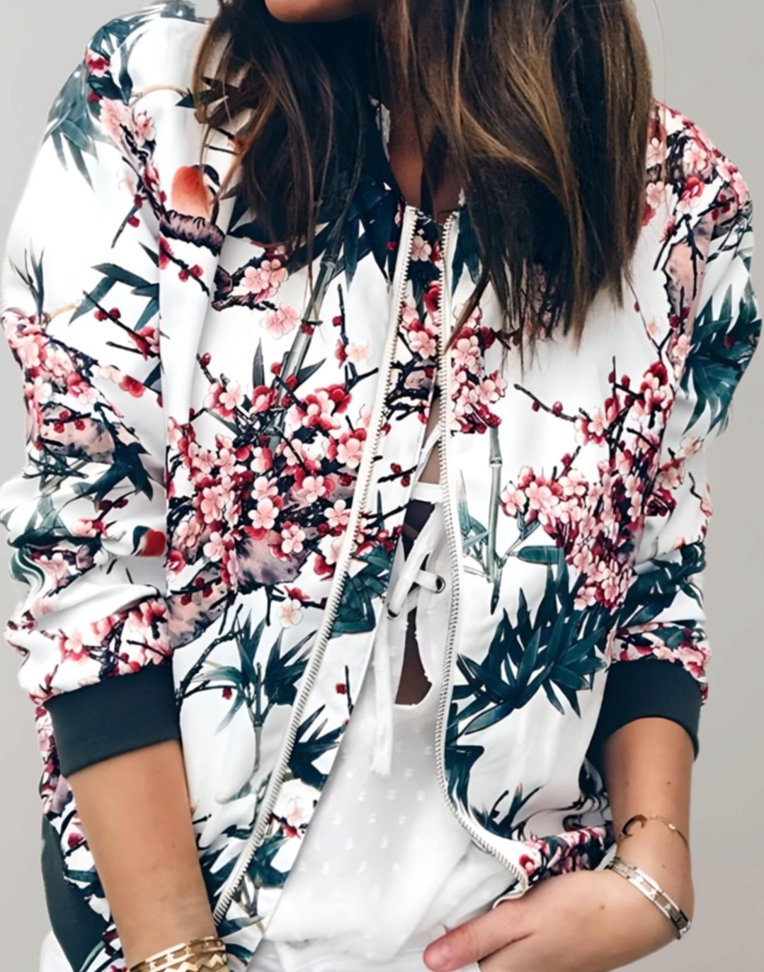 Olivia | Women's Floral Print Zip-Up Bomber Jacket, White