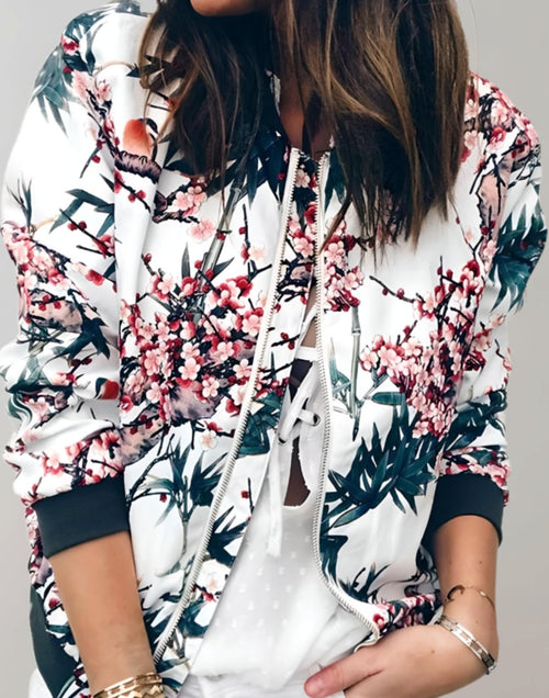 Olivia | Women's Floral Print Zip-Up Bomber Jacket, White