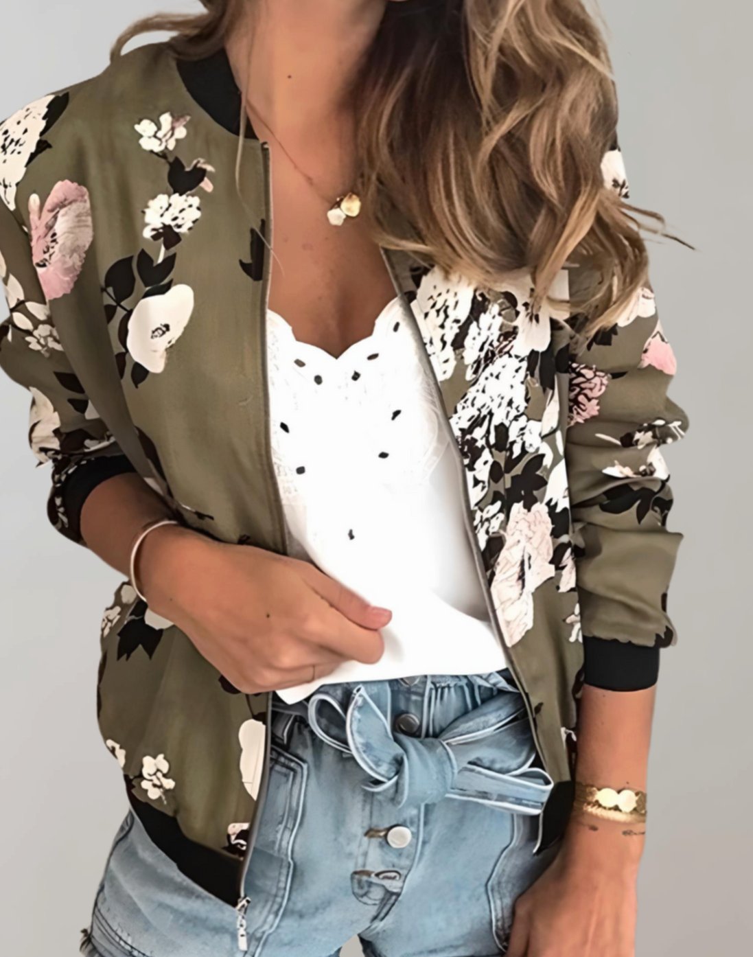 Olivia | Women's Floral Print Zip-Up Bomber Jacket, White