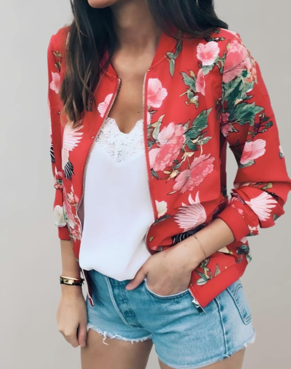 Olivia | Women's Floral Print Zip-Up Bomber Jacket, White
