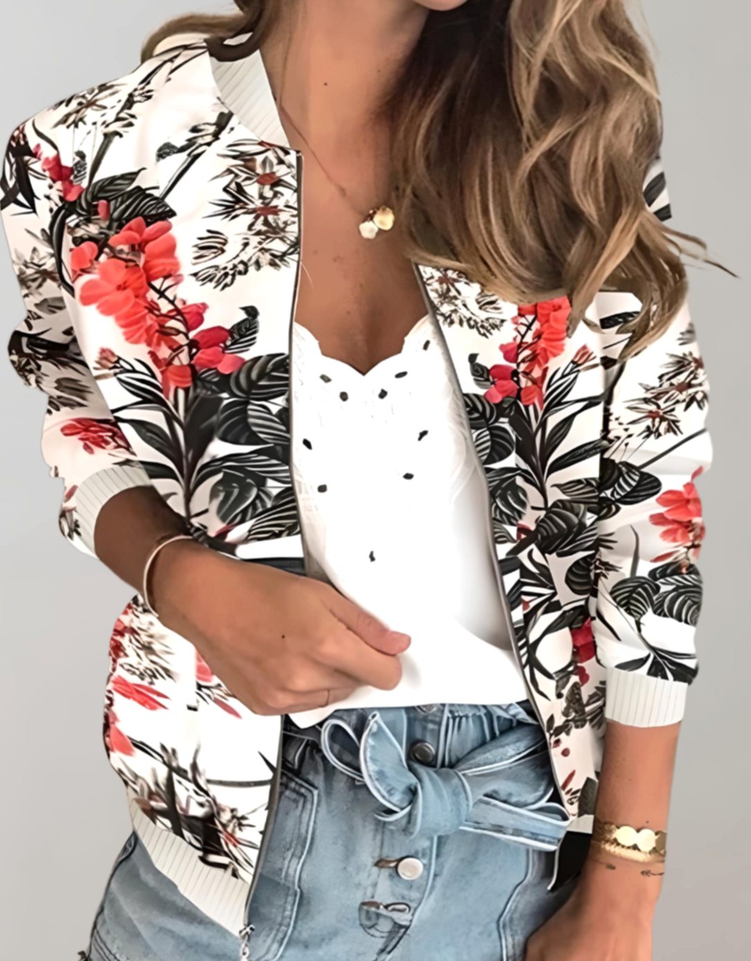 Olivia | Women's Floral Print Zip-Up Bomber Jacket, White