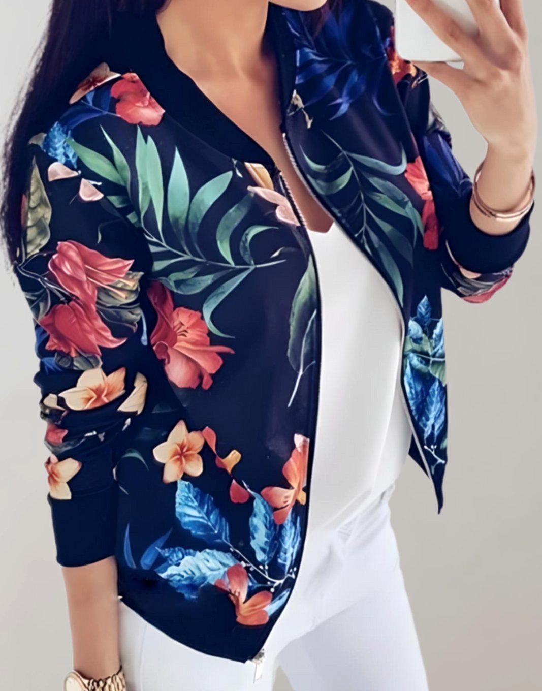 Olivia | Women's Floral Print Zip-Up Bomber Jacket, White