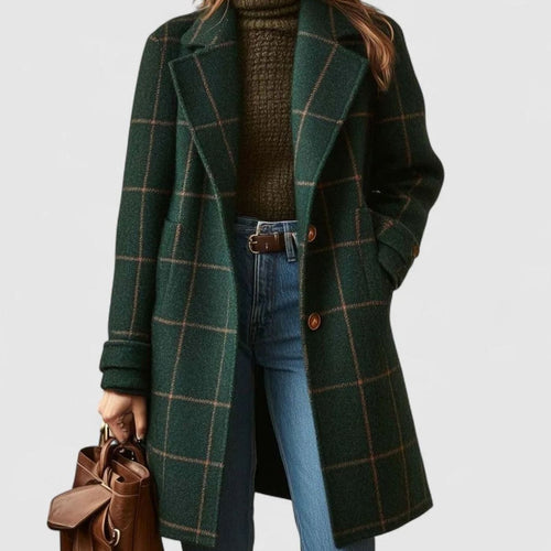 Eleanor | Women's Green Checkered Wool-Blend Button-Front Winter Coat