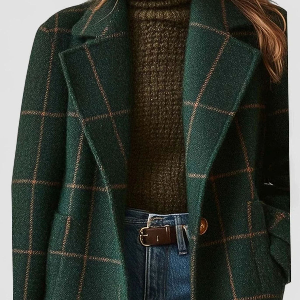 Eleanor | Women's Green Checkered Wool-Blend Button-Front Winter Coat
