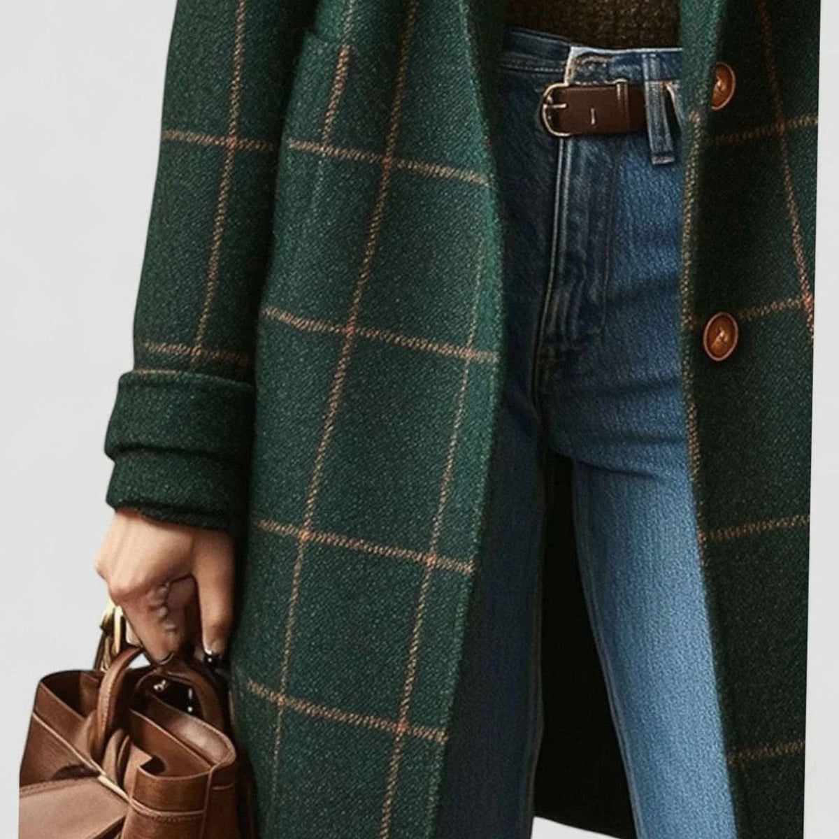 Eleanor | Women's Green Checkered Wool-Blend Button-Front Winter Coat