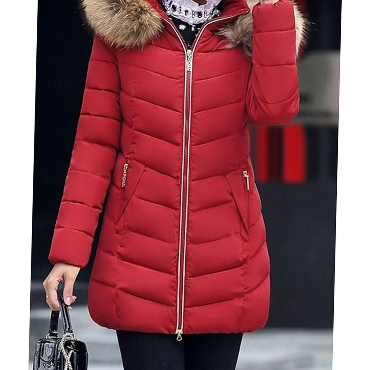 Luna | Women's Hooded Faux-Fur Trim Quilted Jacket Waist-Defining Puffer Coat