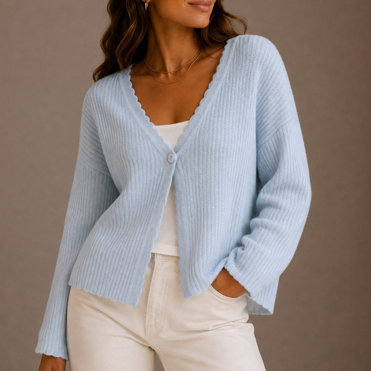 Mia | Women's Scallop-Trim V-Neck Button-Front Knit Cardigan