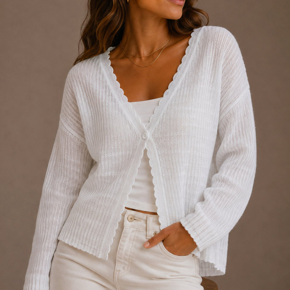 Mia | Women's Scallop-Trim V-Neck Button-Front Knit Cardigan
