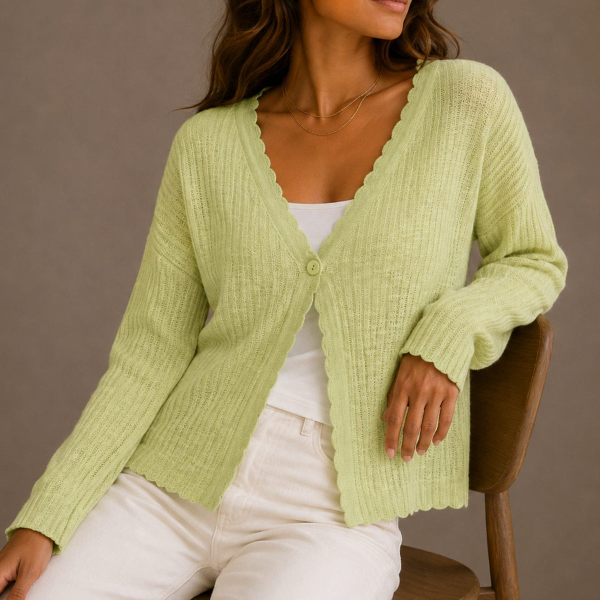 Mia | Women's Scallop-Trim V-Neck Button-Front Knit Cardigan