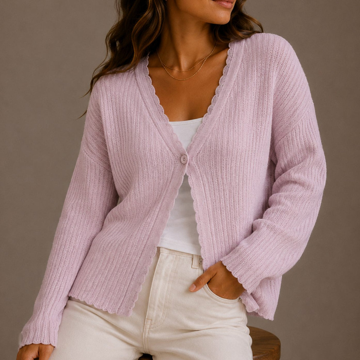 Mia | Women's Scallop-Trim V-Neck Button-Front Knit Cardigan