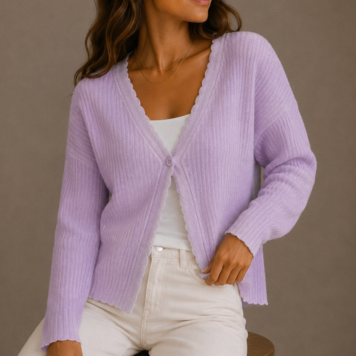 Mia | Women's Scallop-Trim V-Neck Button-Front Knit Cardigan