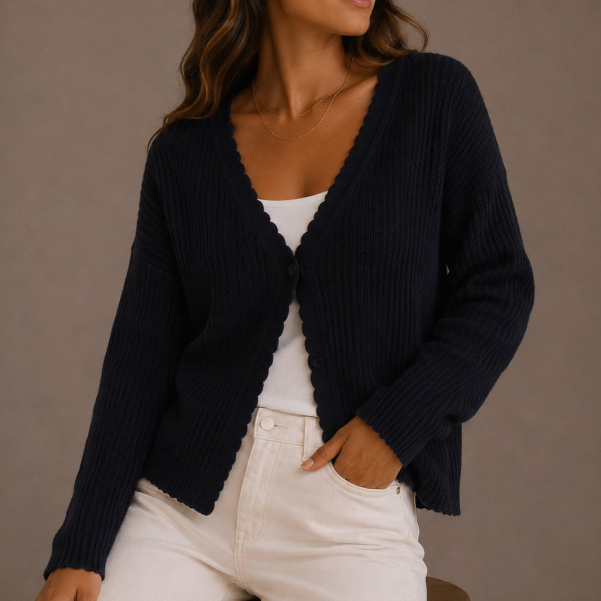 Mia | Women's Scallop-Trim V-Neck Button-Front Knit Cardigan