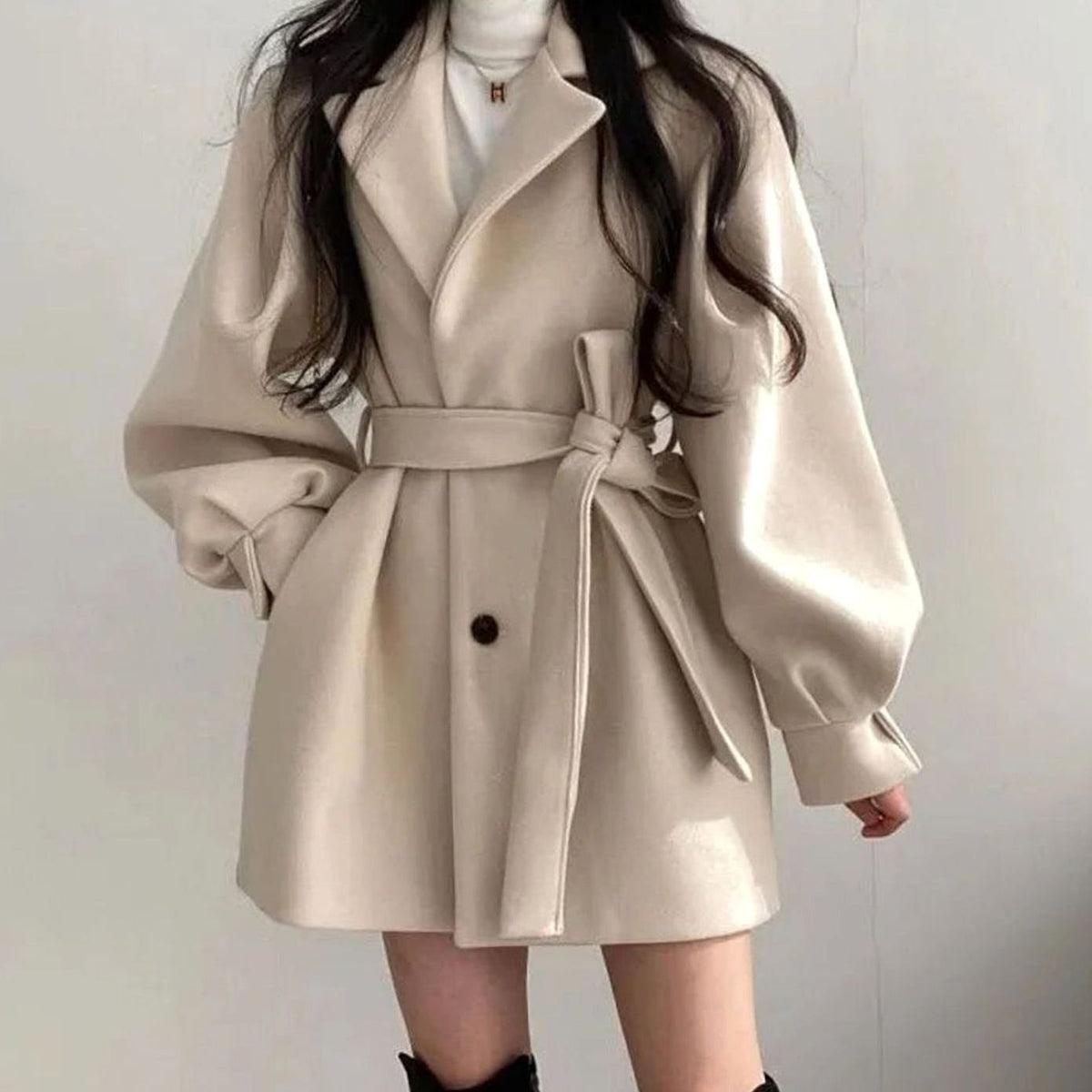 Olivia | Women's Short Belted Wool-Look Winter Coat Lapel A-Line
