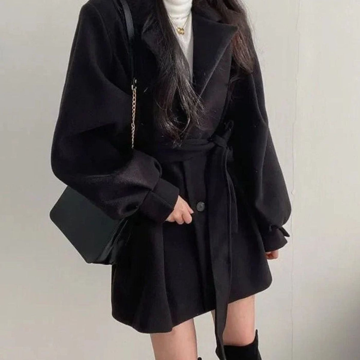 Olivia | Women's Short Belted Wool-Look Winter Coat Lapel A-Line