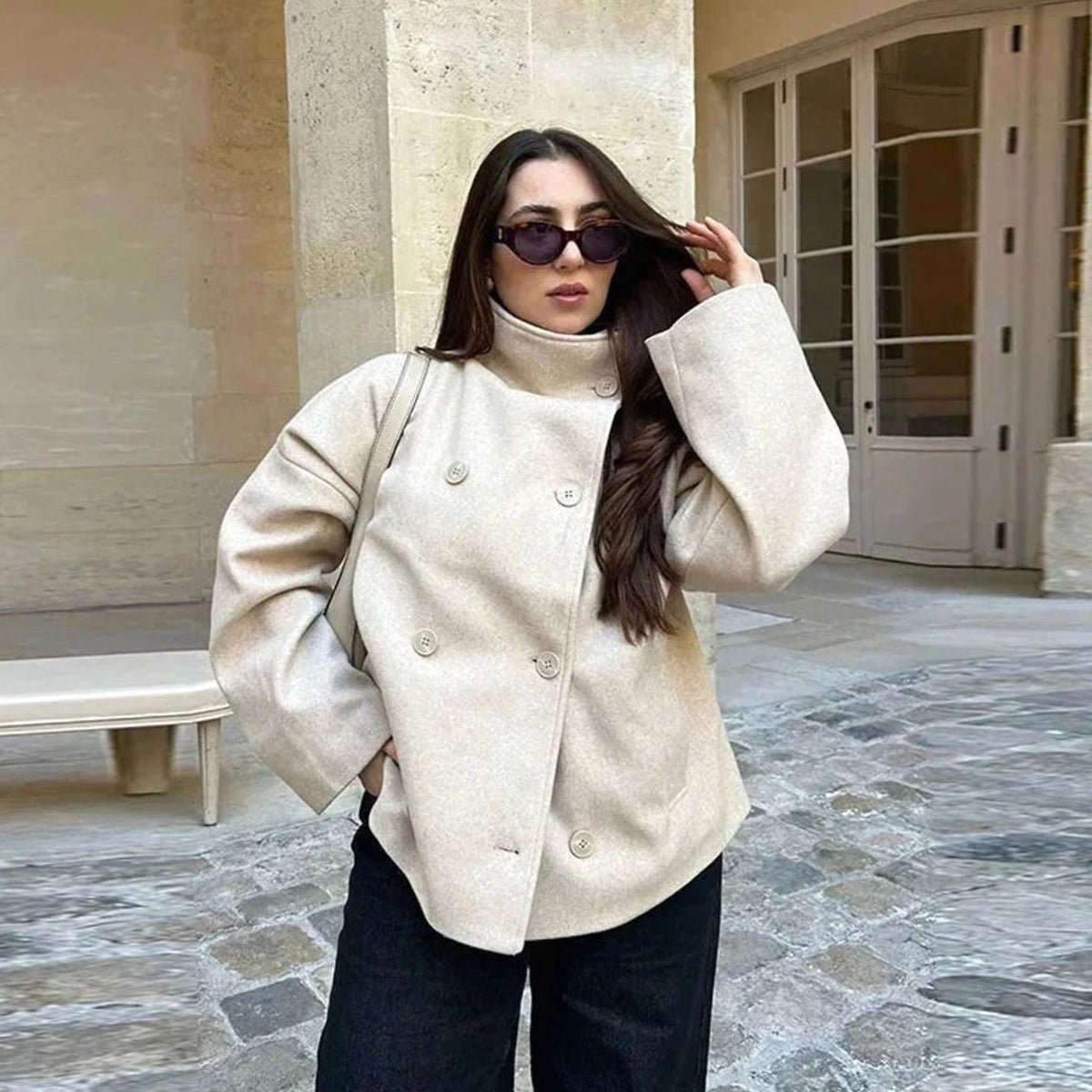 Emma | Women's Short Wool-Blend Button-Up High-Collar Winter Coat