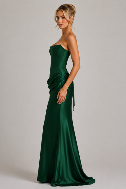 Women's Boned Corset Satin Maxi Dress with High Slit for Evening Elegance