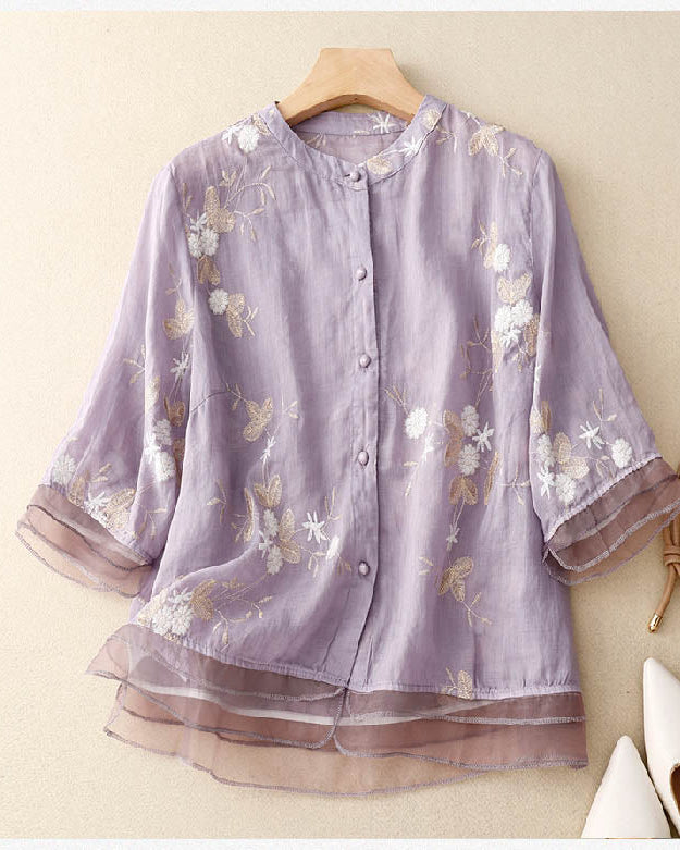Women’s Blouse with Mandarin Collar and Artisanal Floral Embroidery