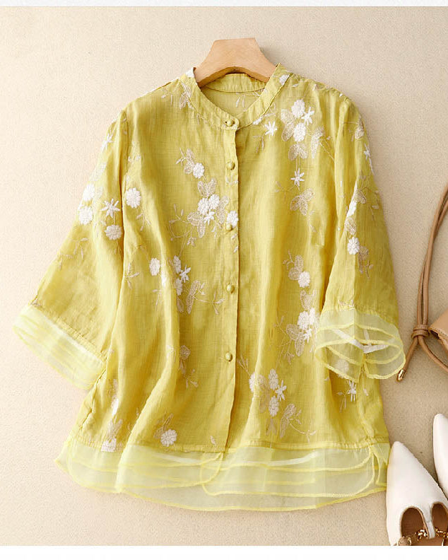 Women’s Blouse with Mandarin Collar and Artisanal Floral Embroidery