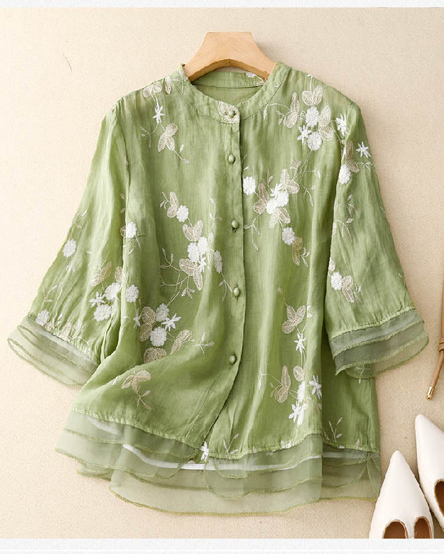 Women’s Blouse with Mandarin Collar and Artisanal Floral Embroidery