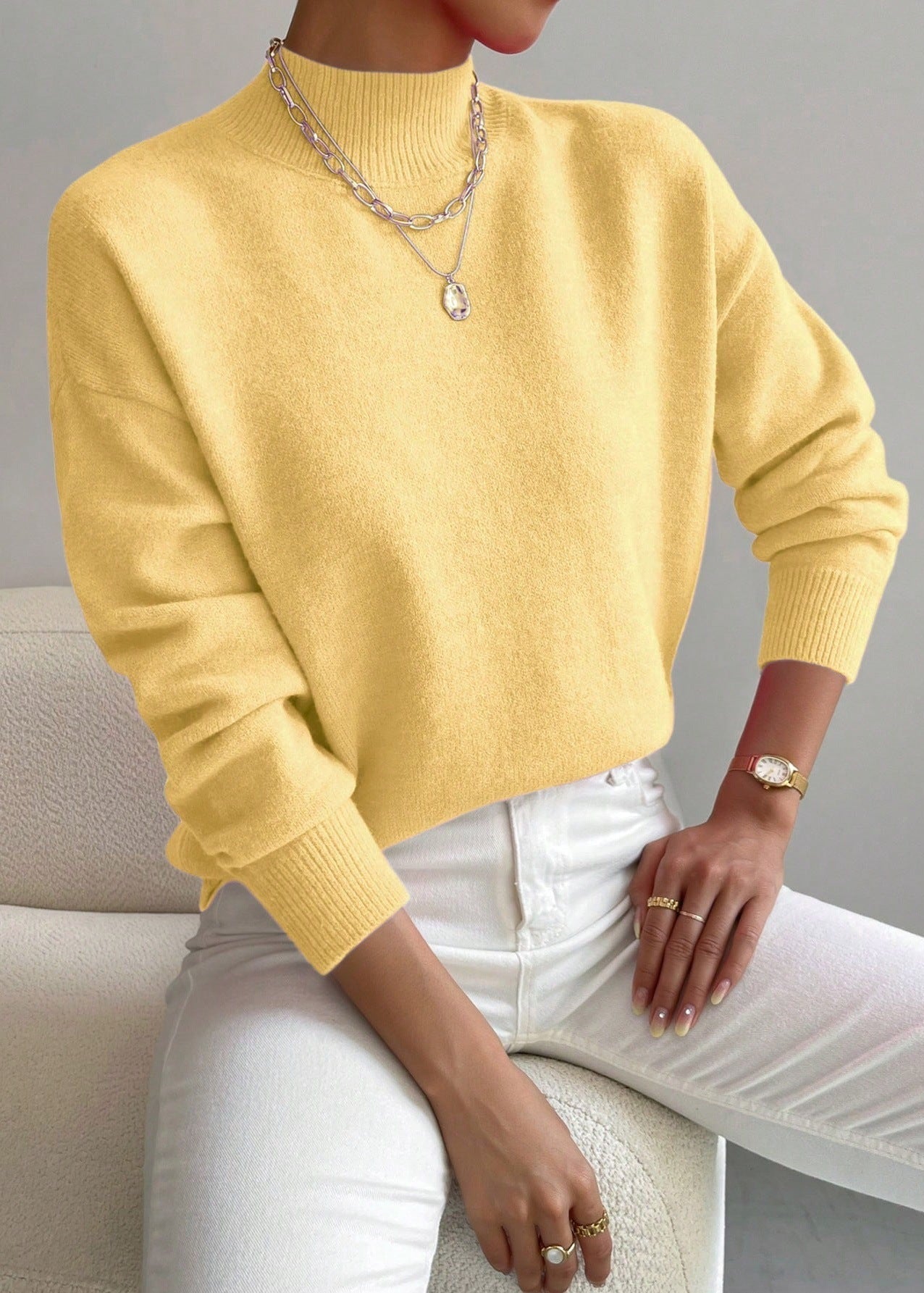 Women¡¯s Wool Blend Mock Neck Pullover with Relaxed Drop Shoulder