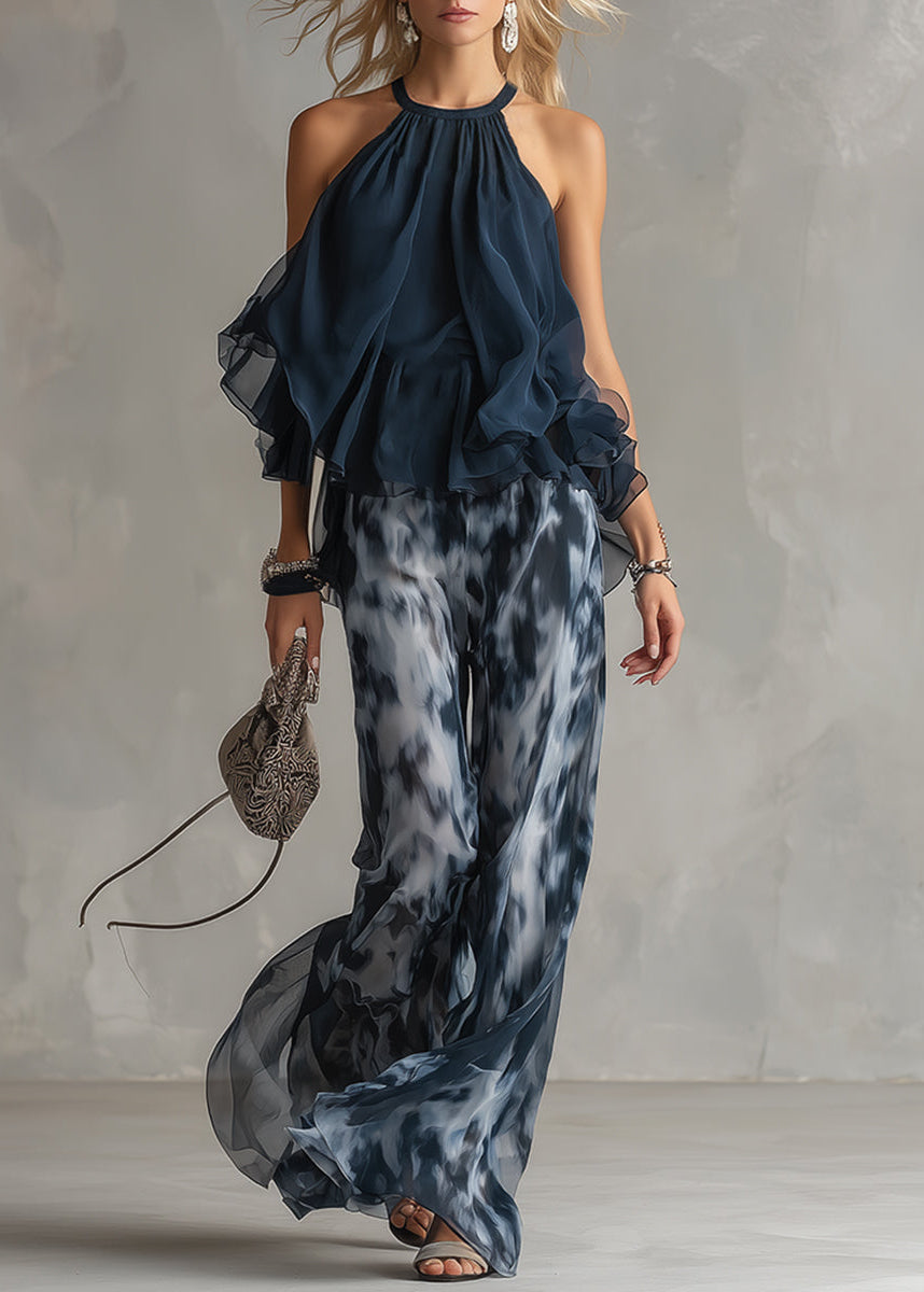 Women’s Pants Set with Chiffon Halter Top and Printed Wide Leg Trousers