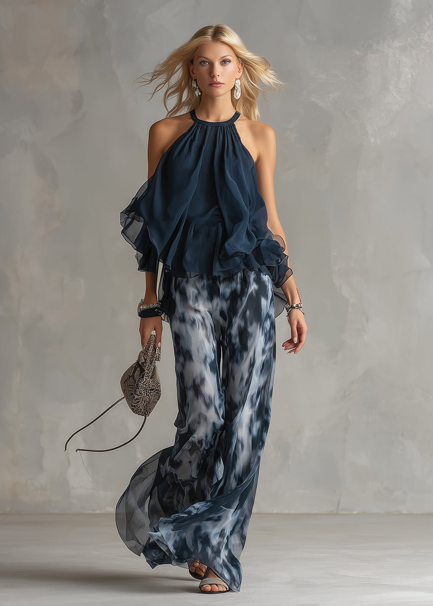 Women’s Pants Set with Chiffon Halter Top and Printed Wide Leg Trousers
