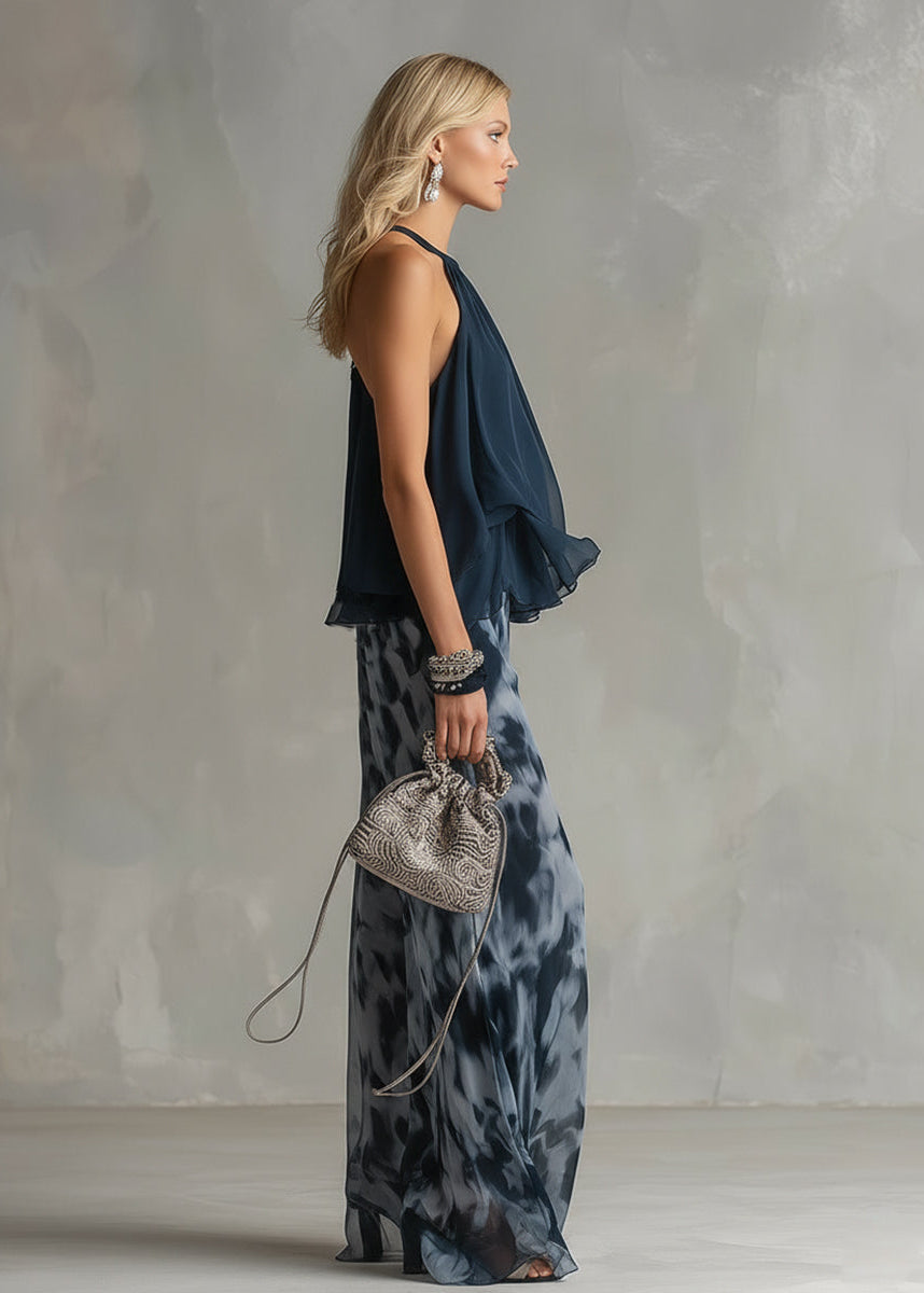 Women’s Pants Set with Chiffon Halter Top and Printed Wide Leg Trousers