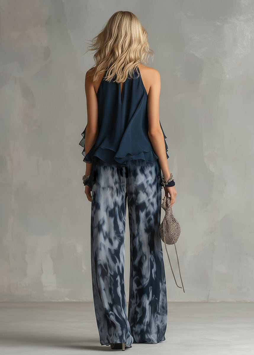 Women’s Pants Set with Chiffon Halter Top and Printed Wide Leg Trousers